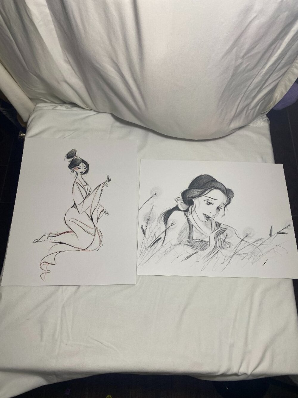 Disney Mulan & Belle Art Print Sketch Drawing Lot Signed Fan Art 11x14 Set of 2